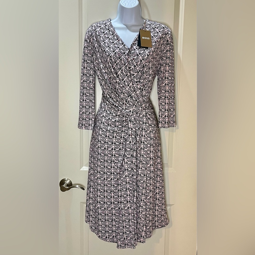 Hugo Boss Exandria Wrap Front Dress in Cradle Pink with Geometric Pattern Size S